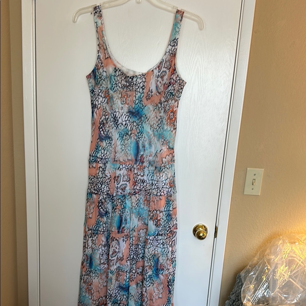 Nine West Pleated Maxi Dress in Blue and Pink